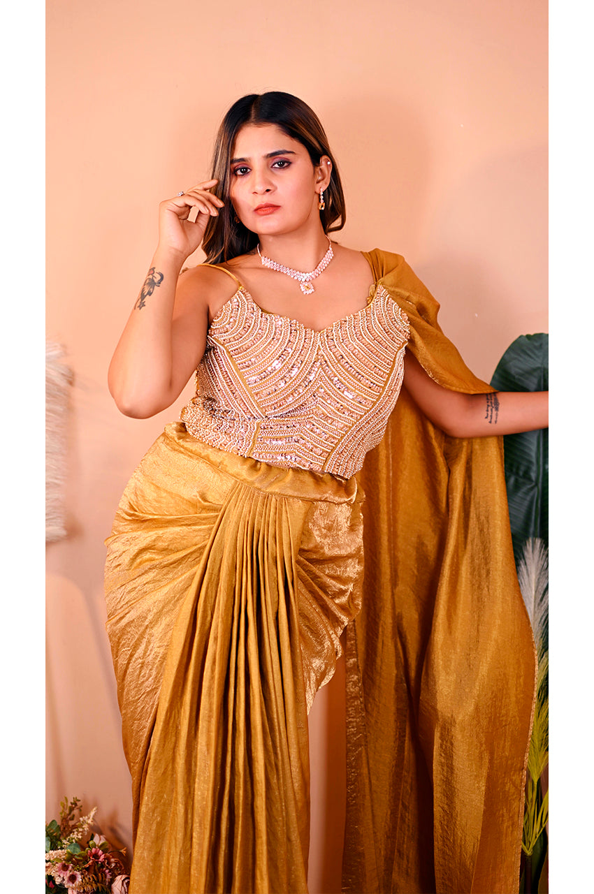 Golden Indo Western Skirt Set for Women Front View with Designer Blouse Skirt and Strug for Party Wear
