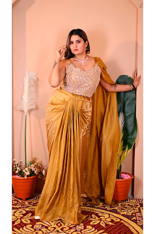 Golden Indo Western Skirt Set Full Look for Women Designer Wedding and Party Wear Ethnic Fusion Outfit