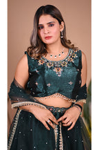 Green Indo Western Umbrella Flared Lehenga Set blouse design with heavy beads work detail