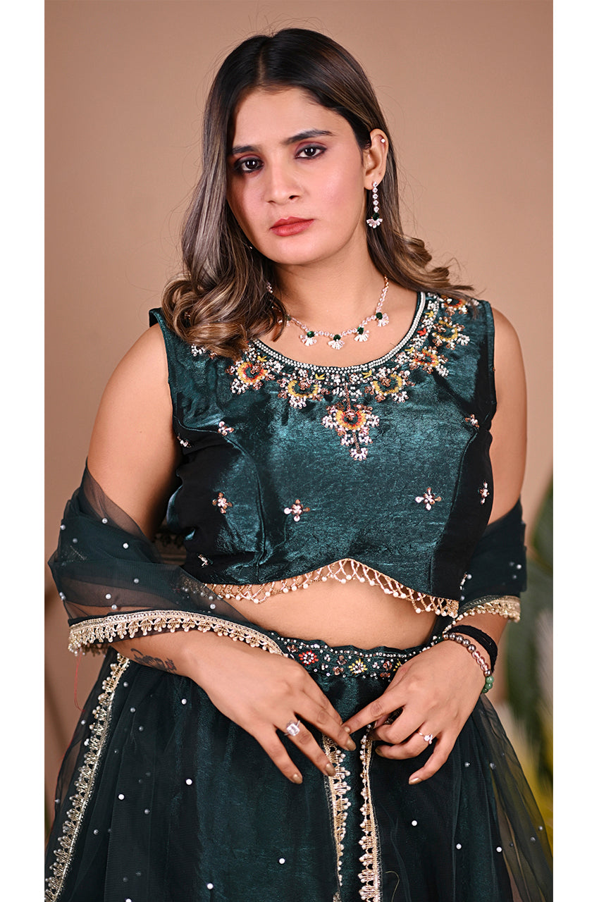 Green Indo Western Umbrella Flared Lehenga Set blouse design with heavy beads work detail