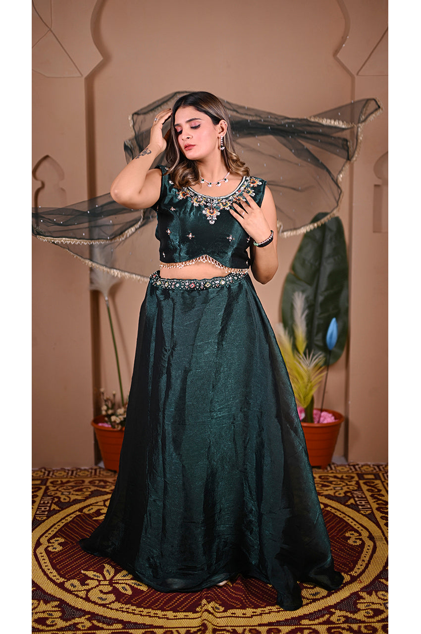 Green Indo Western Umbrella Flared Lehenga Set dupatta style with moti work, elegant festive wear