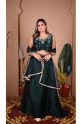 Green Indo Western Umbrella Flared Lehenga Set front view with designer beads work, festive look