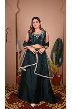 Green Indo Western Umbrella Flared Lehenga Set front view with designer beads work, festive look