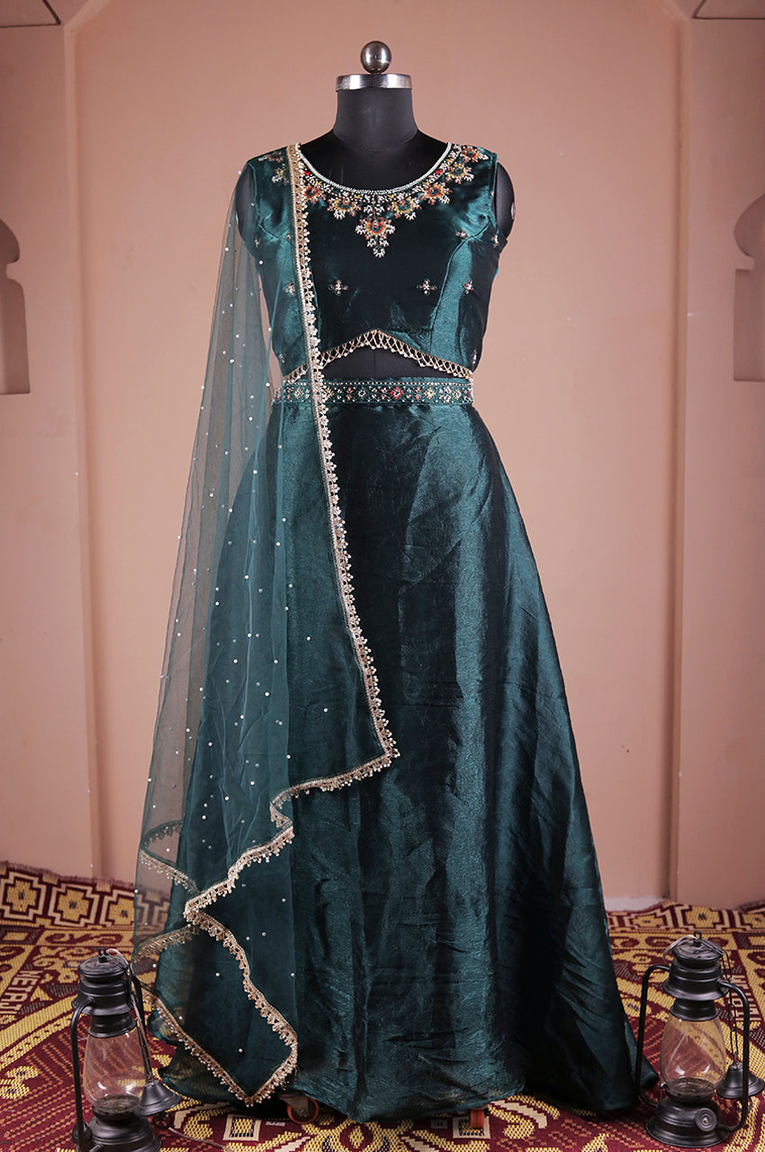 Green Indo Western Umbrella Flared Lehenga Set real look, model wearing festive outfit
