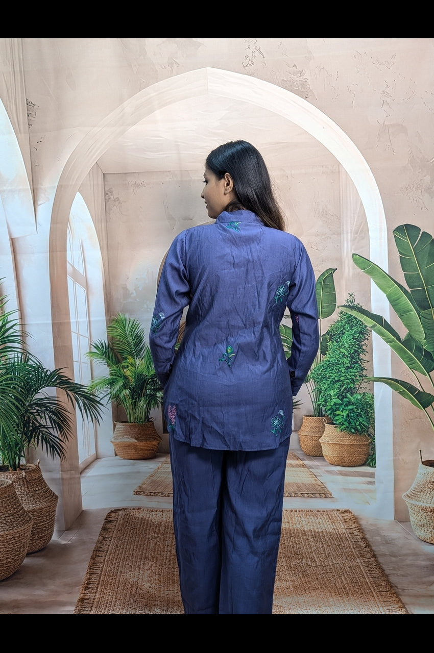 Elegant Light Blue Embroidered Co-Ord Set Close Up Showing Premium Fabric and Elegant Embroidery Work