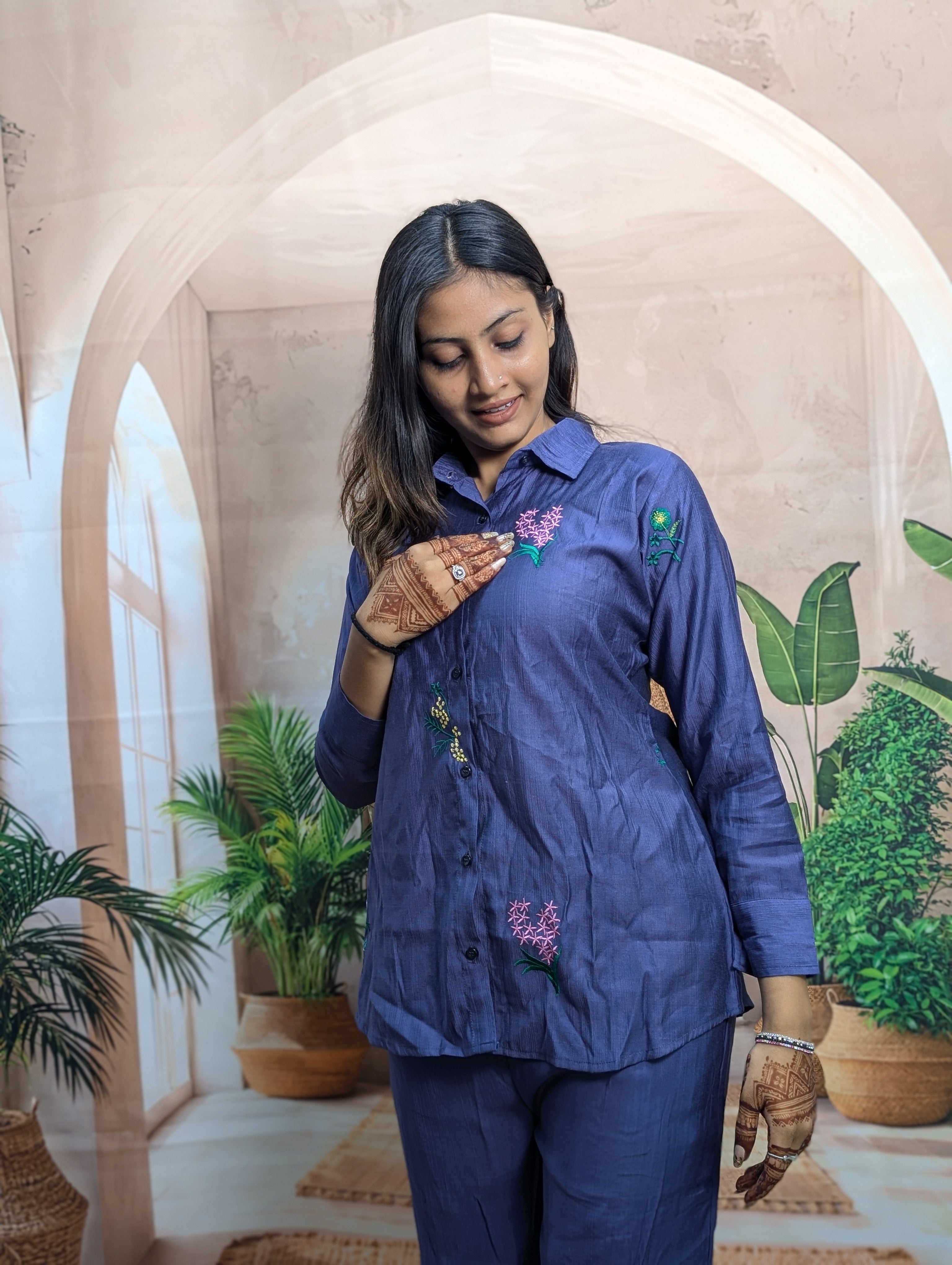 Close up view of Elegant Light Blue Embroidered Co-Ord Set for Women with detailed embroidery work