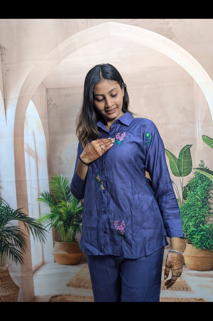 Elegant Light Blue Embroidered Co-Ord Set Close Up Showing Premium Fabric and Elegant Embroidery Work