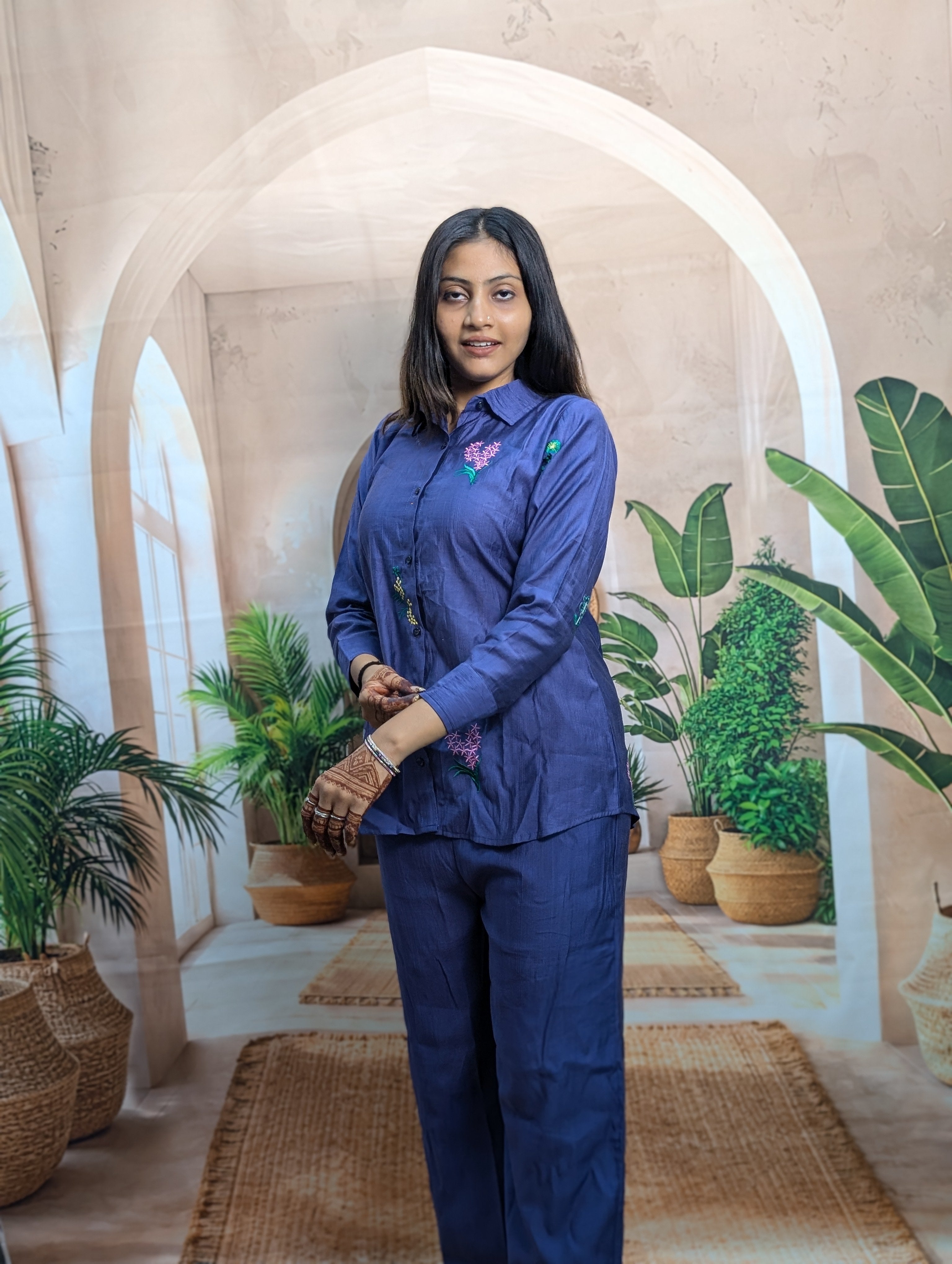 Premium Vartican fabric detail of Elegant Light Blue Embroidered Co-Ord Set for Women with soft texture finish