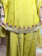 Premium luxury yellow beads work daman view on Mal Simmer fabric with elegant ethnic craftsmanship