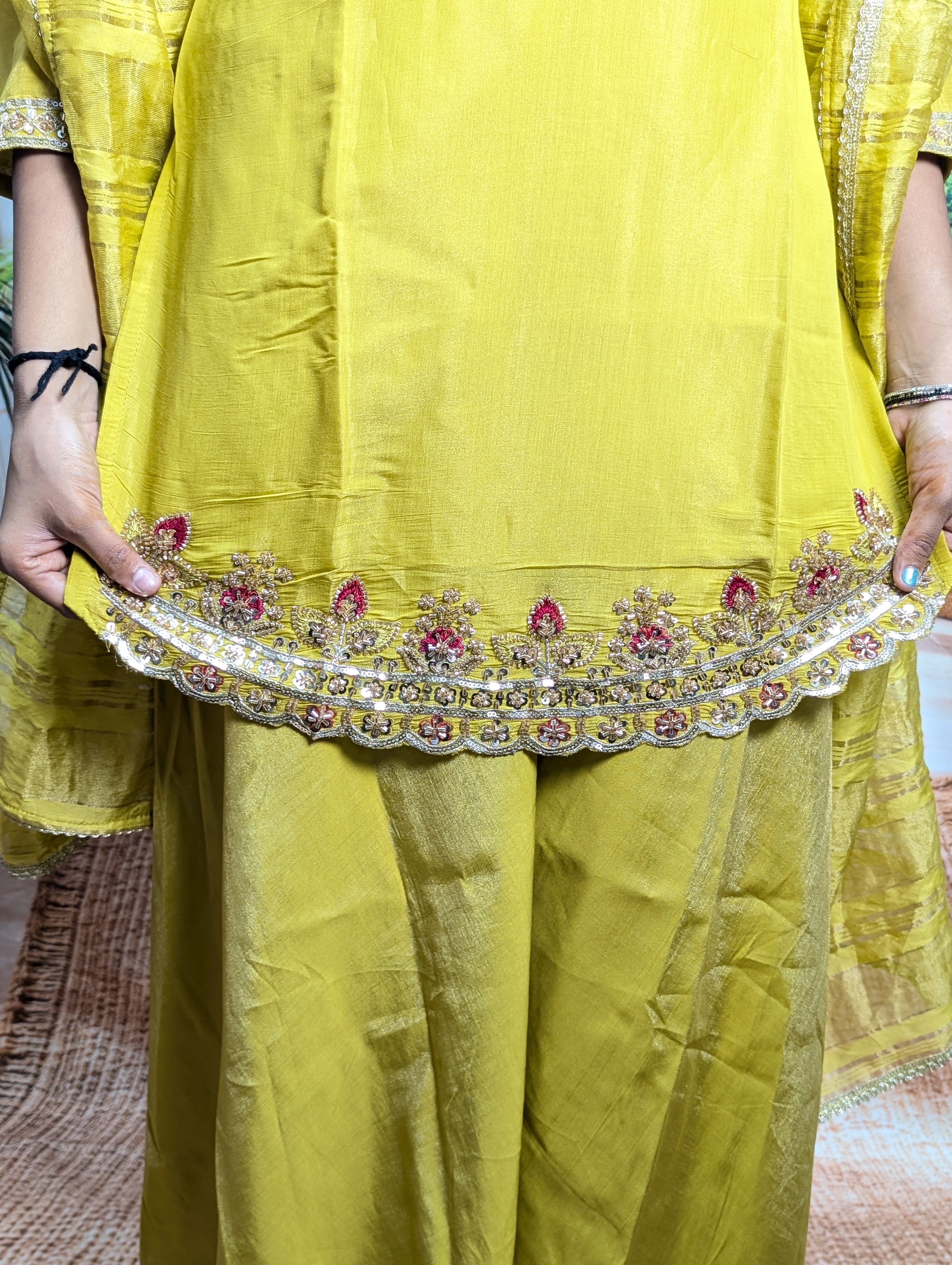 Premium luxury yellow beads work daman view on Mal Simmer fabric with elegant ethnic craftsmanship