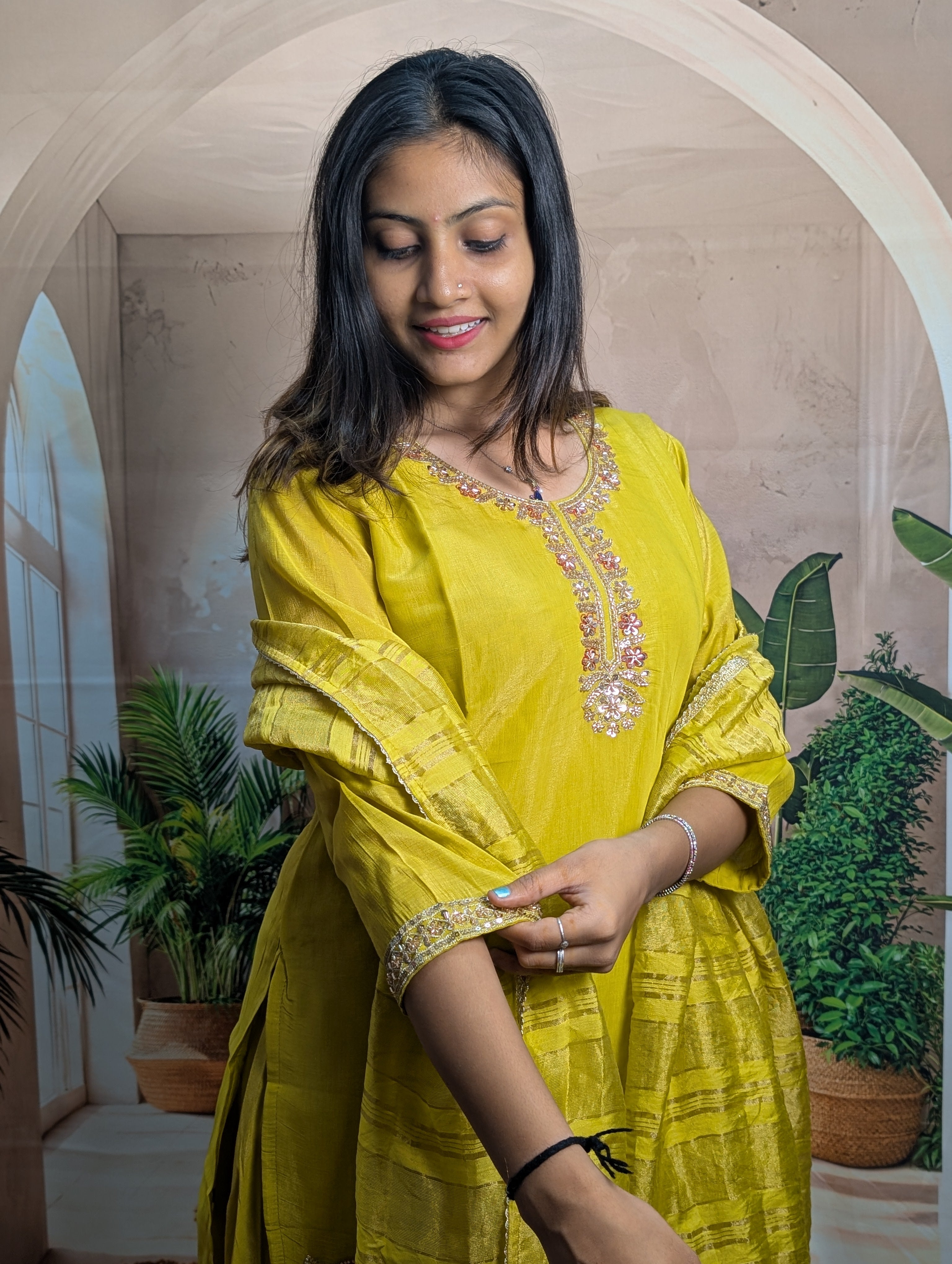 Premium luxury yellow beads work sleeve view on Mal Simmer fabric with elegant ethnic embroidery detailing