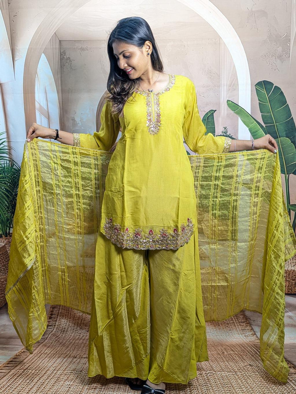 Premium luxury yellow ethnic palazzo suit full view for women with elegant festive and party wear style