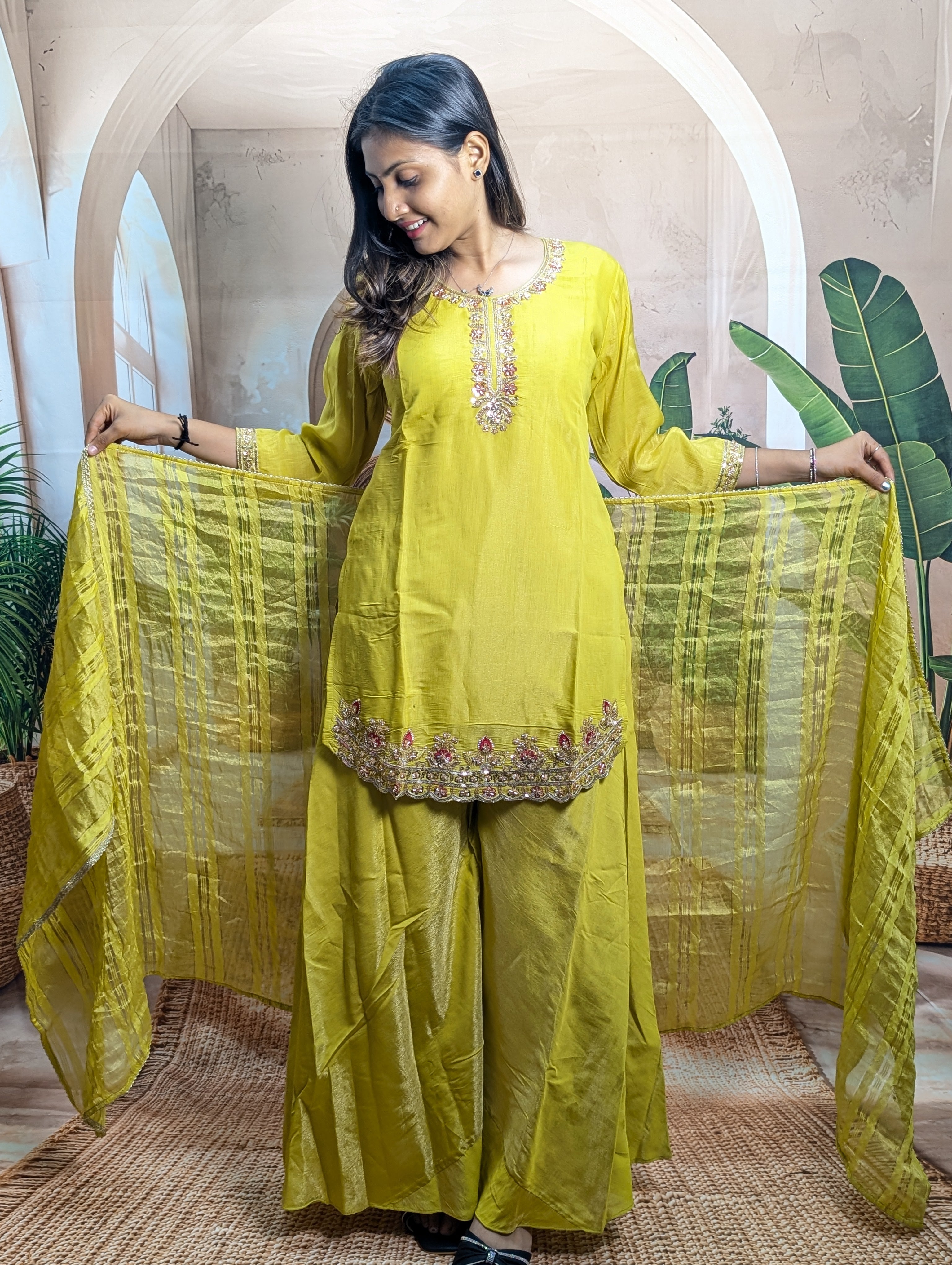 Premium luxury yellow ethnic palazzo suit full view for women with elegant festive and party wear style