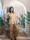 Modern dark cream embroidery co-ord set for women with premium Royal Siffon top and Roman Silk pant