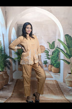Modern Dark Cream Embroidery Co-Ord Set for Women in premium Royal Siffon with Roman Silk pant