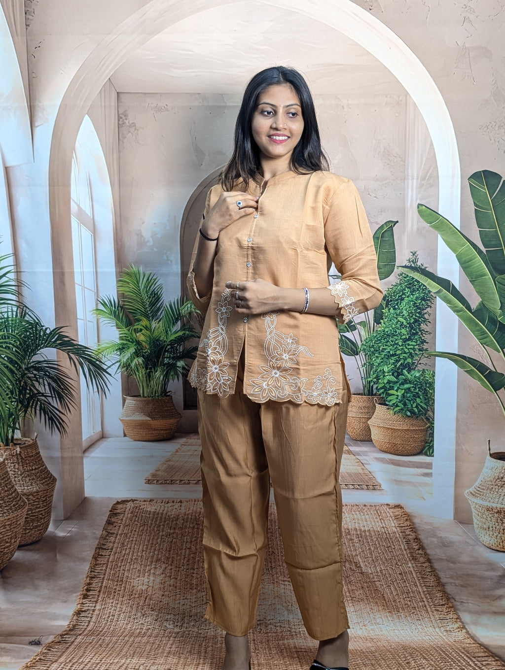 Modern dark cream embroidery co-ord set full view for women with stylish party and festive wear look