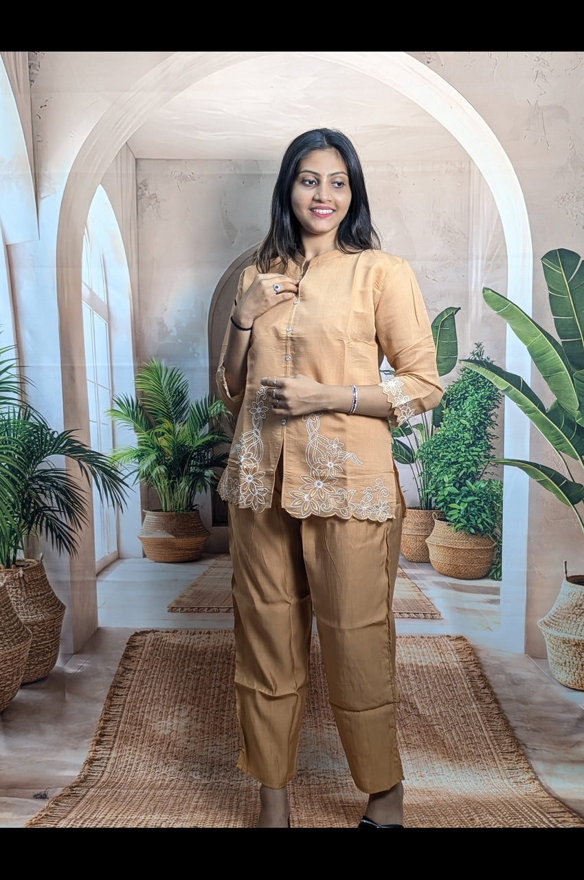 Modern Dark Cream Embroidery Co-Ord Set for Women full view with stylish festive and party wear fashion look