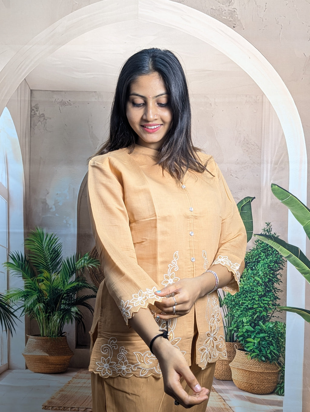 Modern dark cream embroidery co-ord set sleeve view with detailed work on Royal Siffon fabric
