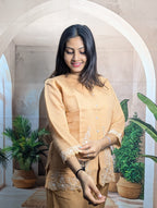 Modern dark cream embroidery co-ord set sleeve view with detailed work on Royal Siffon fabric