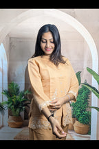 Modern Dark Cream Embroidery Co-Ord Set for Women sleeve view with detailed embroidery work on Royal Siffon fabric