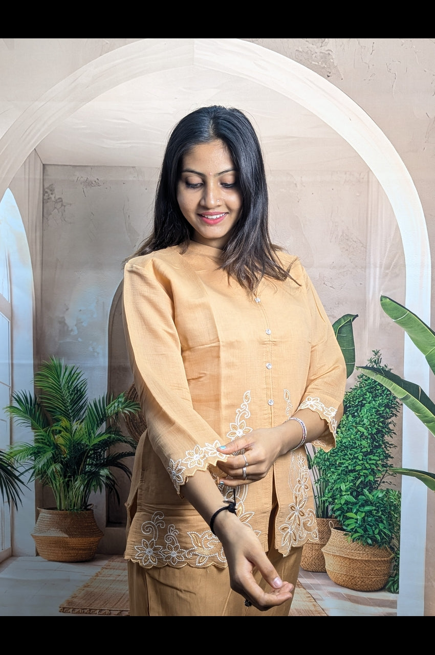 Modern Dark Cream Embroidery Co-Ord Set for Women sleeve view with detailed embroidery work on Royal Siffon fabric