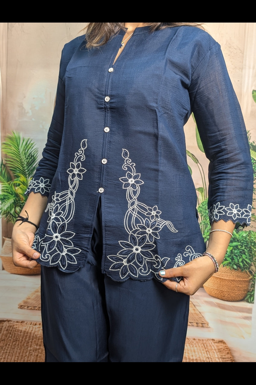Stylish Navy Blue Designer Co-Ord Set embroidery work closeup on premium Royal Siffon fabric