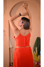 Designer orange indo western blouse back design with beads work for festive wear