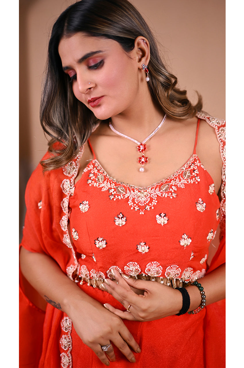 Designer orange indo western blouse design with beads work festive wear