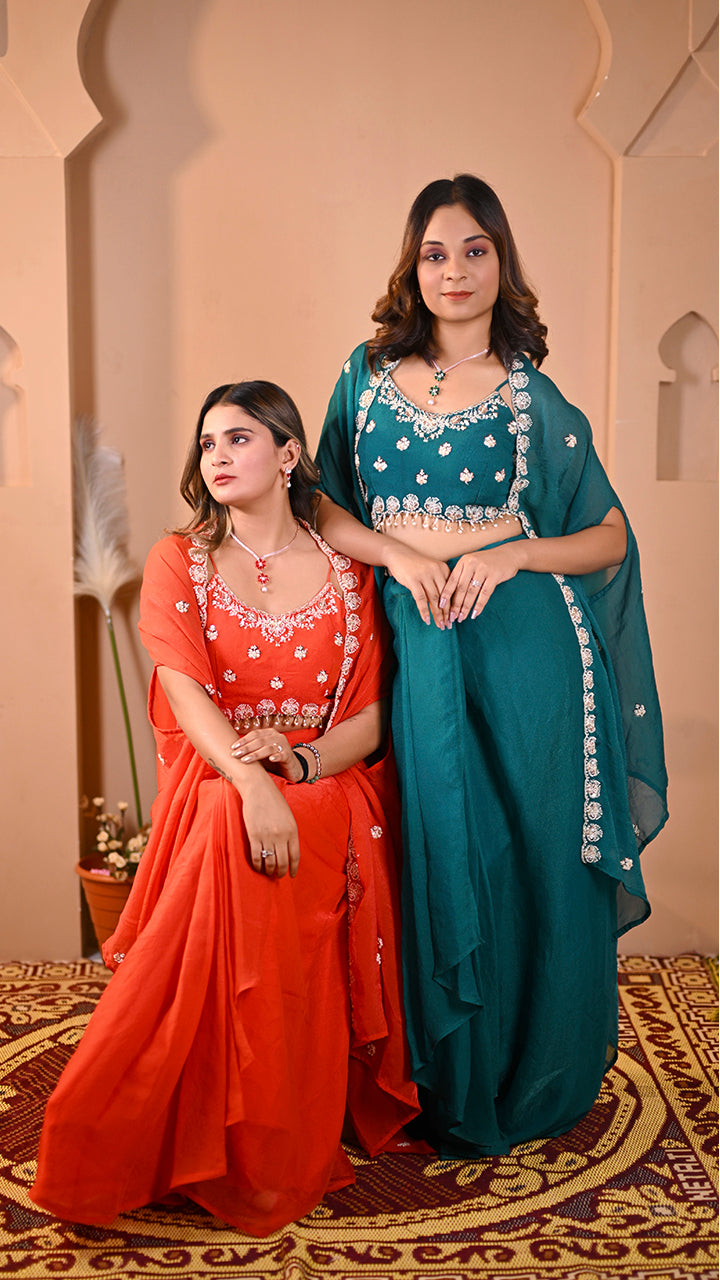 Orange pleated skirt detail in indo western dress for women