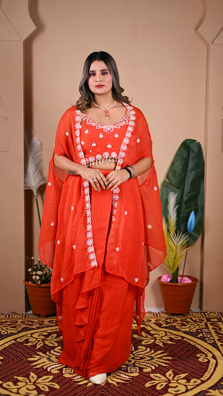 Designer orange indo western skirt set front view for women party wear