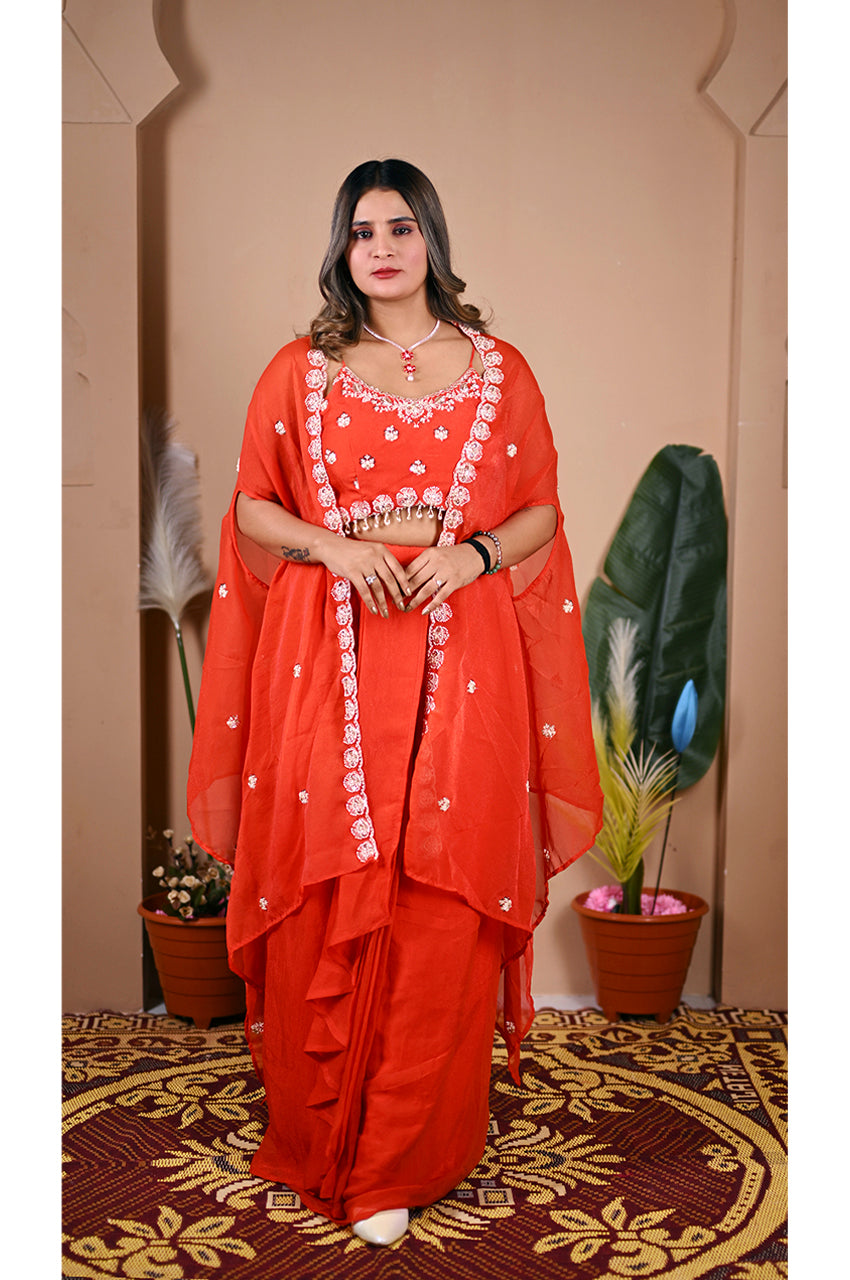 Designer orange indo western skirt set front view for women festive wear