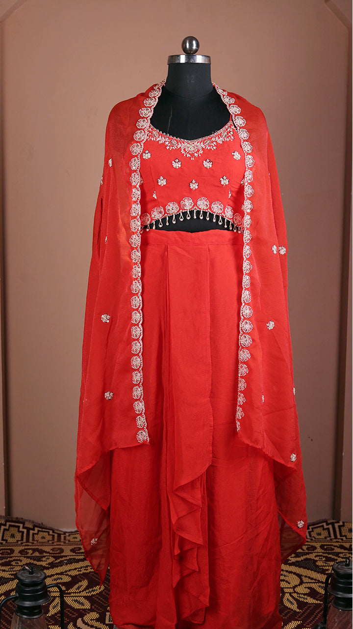 Designer orange indo western skirt set full outfit for festive wear