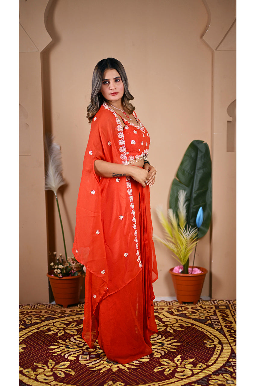 Designer orange indo western skirt set side look stylish outfit for women