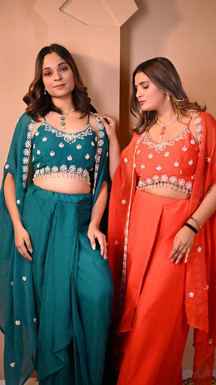 Orange indo western blouse design with detailed beads work