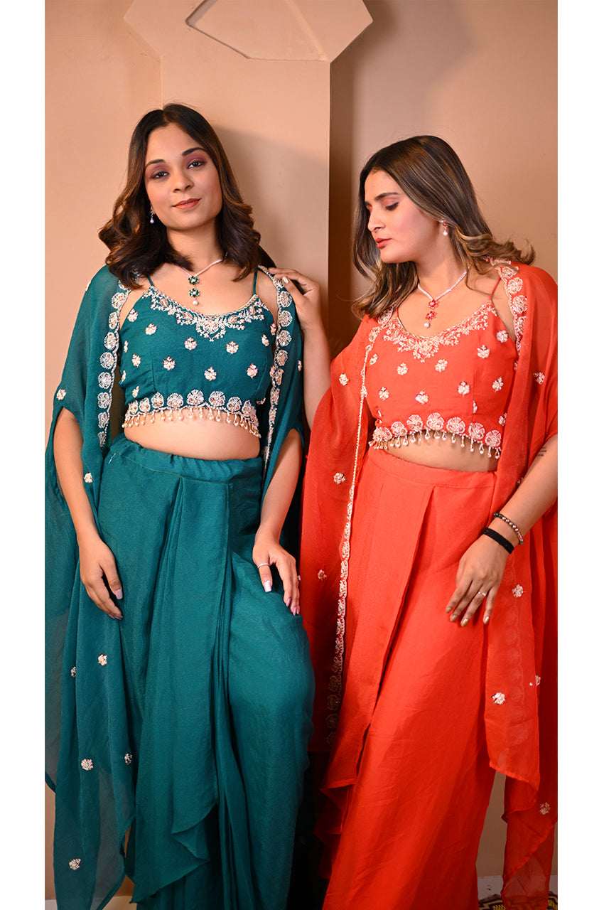 Designer orange rama indo western skirt set full outfit for festive wear