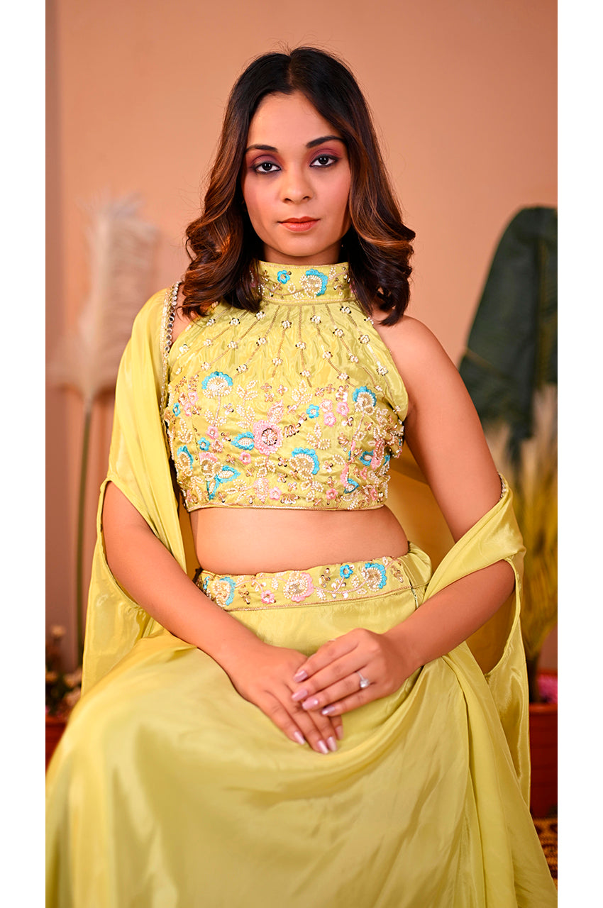 Parrot indo western lehenga set blouse detail close up with beads work festive wear