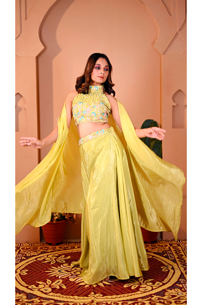 Parrot indo western lehenga set shrug look trendy festive and wedding wear outfit