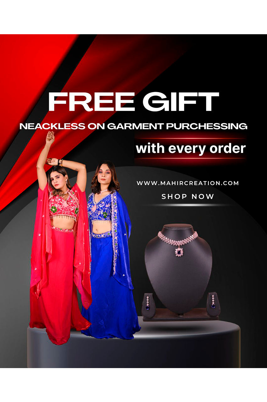 Pink and blue indo western lehenga set with free necklace gift and dual color stylish outfit for festive wear