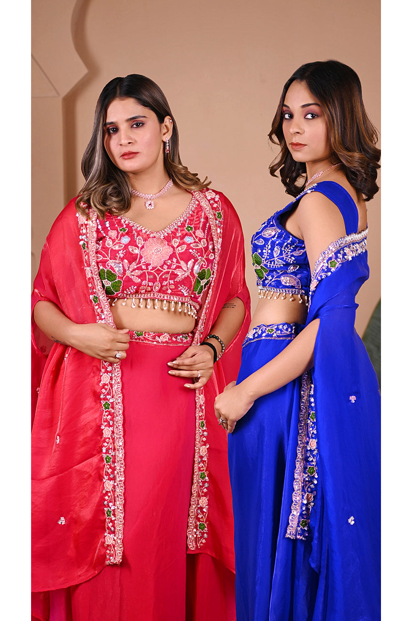 Pink blue indo western lehenga set full look with designer blouse lehenga and shrug in dual tone style