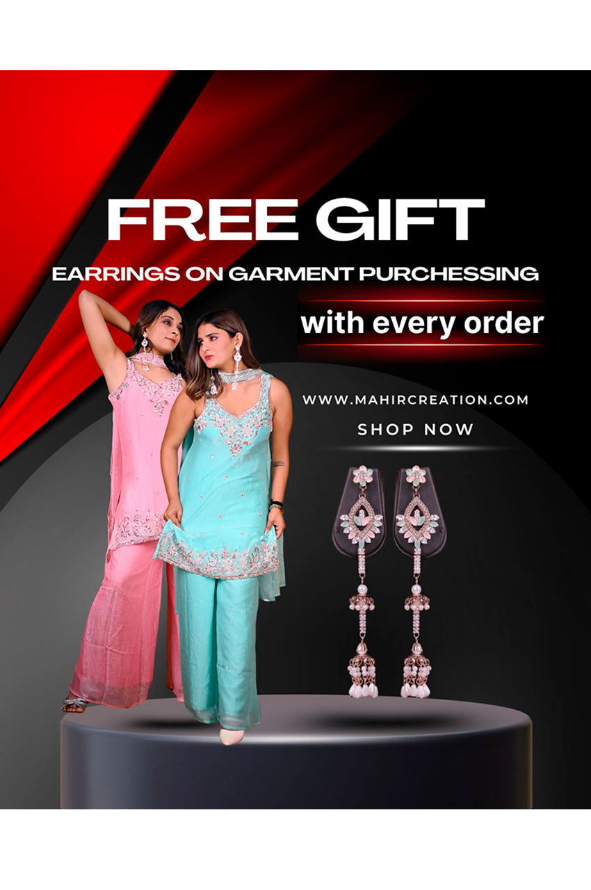 Pink firozi plazo set with dupatta free earring gift stylish party wear for women