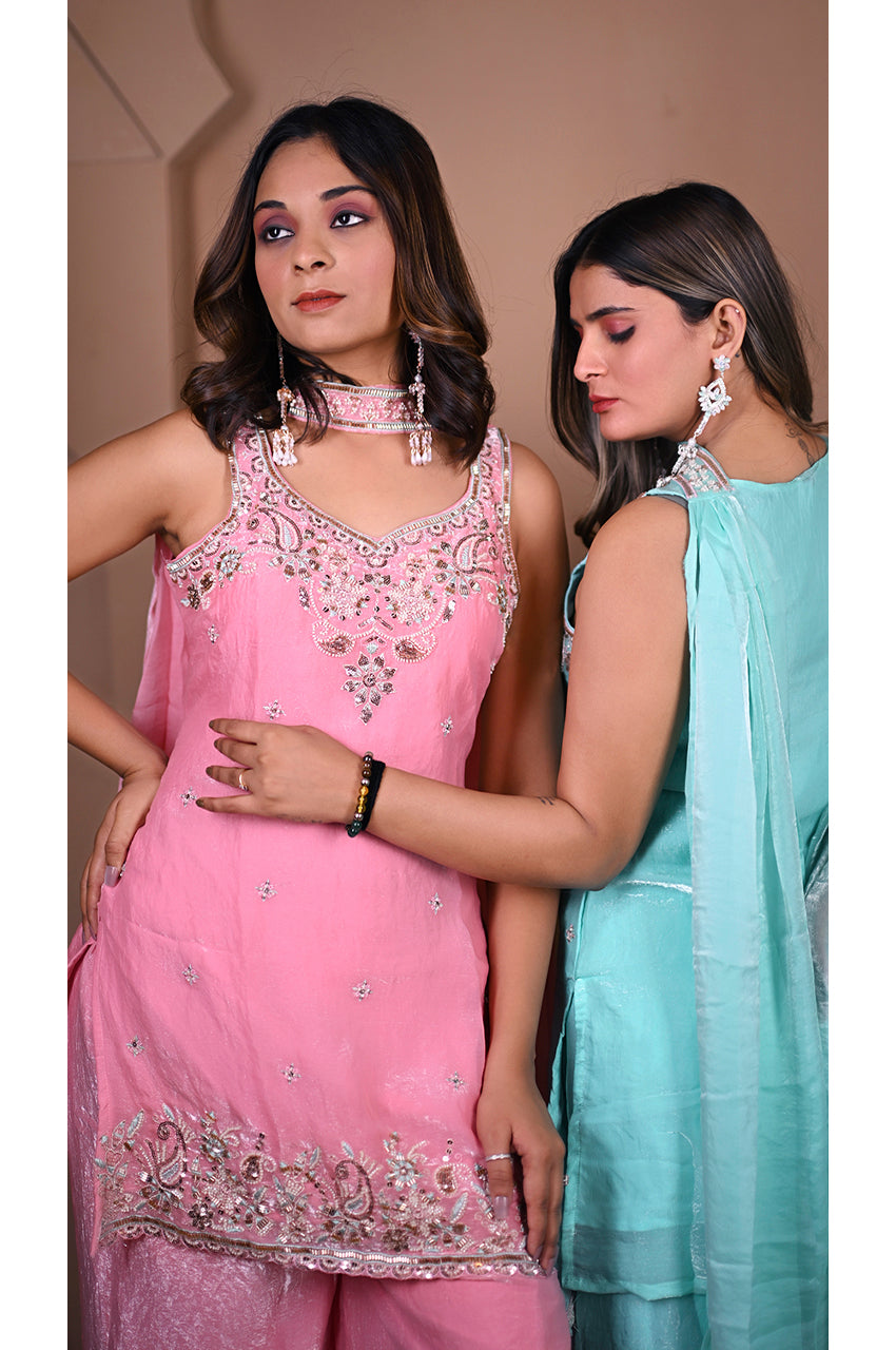 Pink and Firozi Plazo Set with Fancy Dupatta Front and Back View for Women Designer Wedding Wear