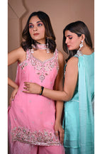Pink and Firozi Plazo Set with Fancy Dupatta Front and Back View for Women Designer Wedding Wear