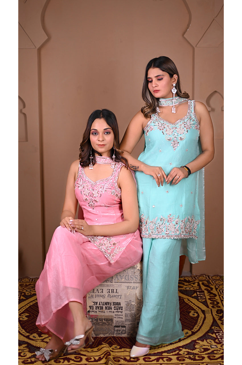 Pink firozi plazo set full look with designer fancy dupatta stylish party wear outfit