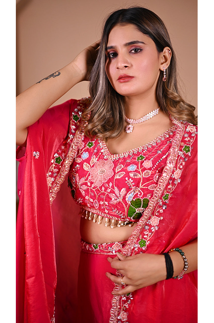 Pink indo western lehenga set blouse design with beads work and premium fabric for celebrity style look
