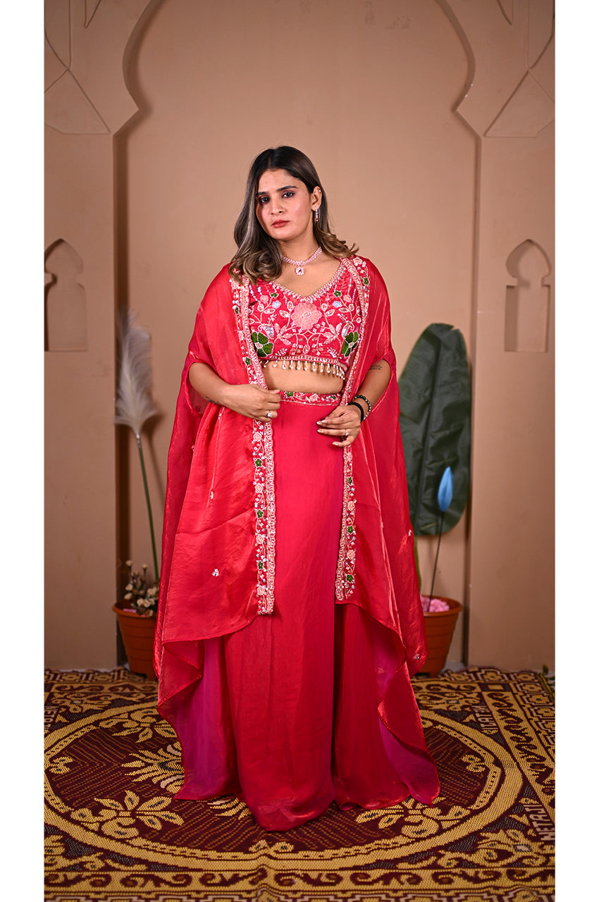Pink indo western lehenga set front view with designer blouse beads work and flowy skirt for wedding wear