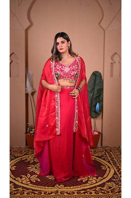 Pink indo western lehenga set front view with designer blouse beads work and flowy skirt for wedding wear