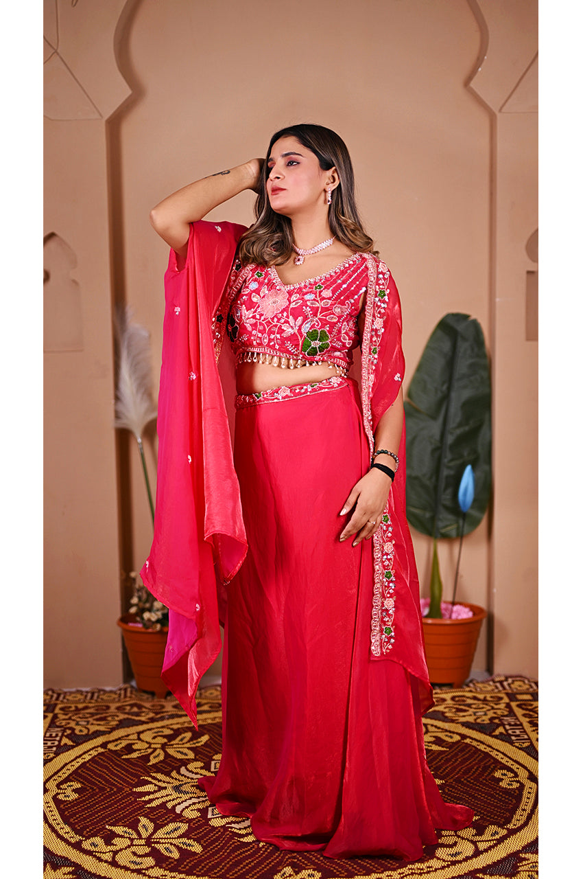 Pink indo western lehenga set side look with elegant drape and modern ethnic style for party wear