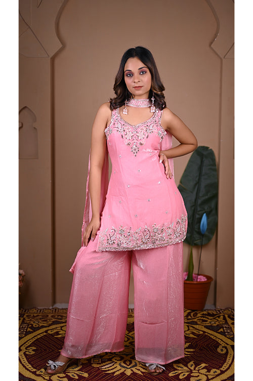 Pink Plazo Set with Fancy Dupatta Front View for Women Party and Festive Wear