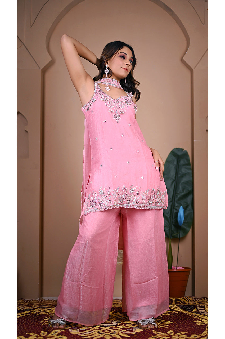 Pink Plazo Set with Fancy Dupatta Plazo Detail for Women Designer Wedding Wear