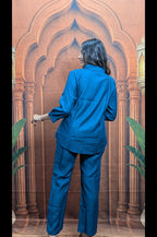 Premium blue embroidered co ord set back view in vartican fabric with stylish designer look